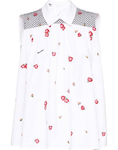 floral-embroidered sleeveless blouse