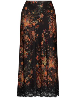 floral-print lace-trim midi skirt