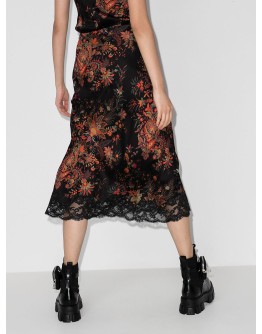 floral-print lace-trim midi skirt