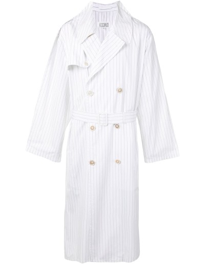 pinstriped belted trench coat