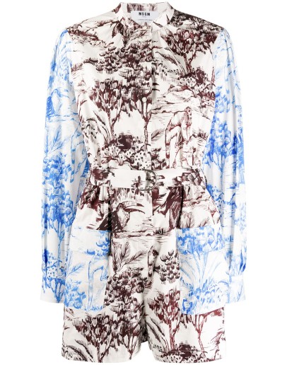 illustration print long-sleeve playsuit