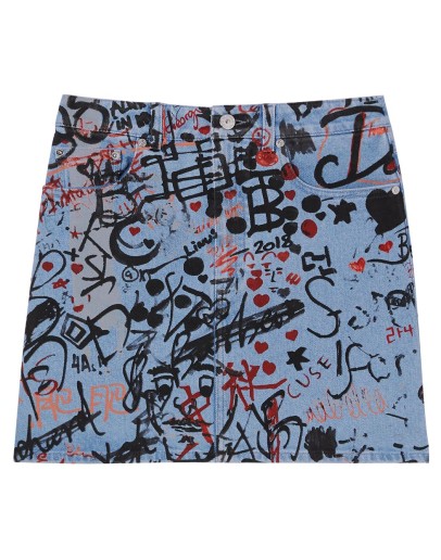 graffiti print denim mini skirt