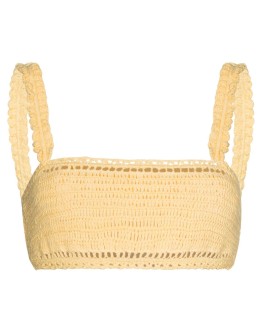 cropped ruffled crochet-knit top
