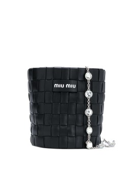 crystal-embellished woven bucket bag