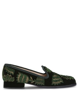 velvet beaded square-toe slippers