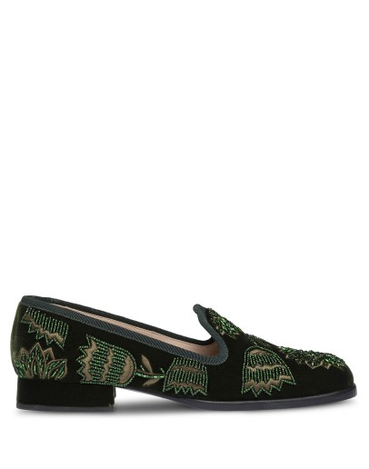 velvet beaded square-toe slippers