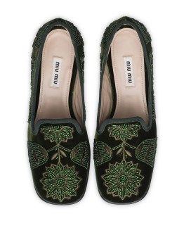 velvet beaded square-toe slippers
