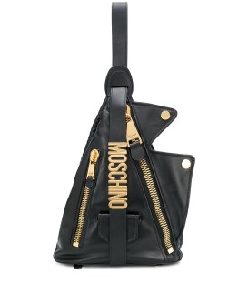 angular sheepskin backpack with gold logo lettering