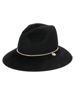 chain-embellished fedora hat