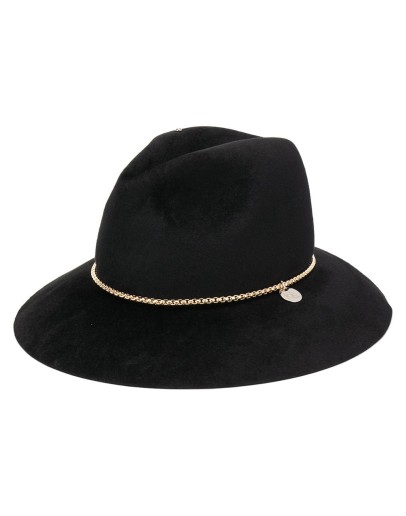chain-embellished fedora hat