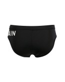 black swimming trunks with logo print at the side