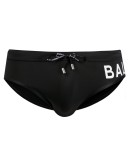 black swimming trunks with logo print at the side