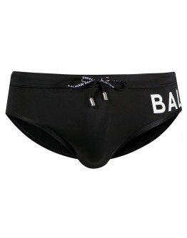 black swimming trunks with logo print at the side