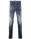 distressed look jeans with maple leaf patch