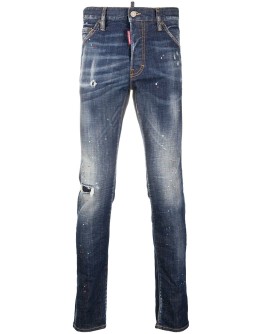 distressed look jeans with maple leaf patch