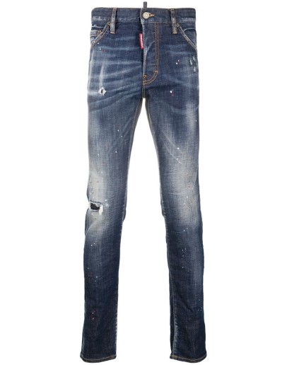 distressed look jeans with maple leaf patch