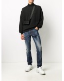 distressed look jeans with maple leaf patch