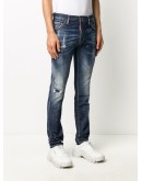 distressed look jeans with maple leaf patch