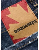 distressed look jeans with maple leaf patch