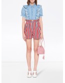 striped gathered denim shorts