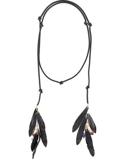 leather necklace with feather and crystal detailing