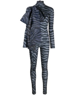 tiger print bodycon jumpsuit with oversized bow detail 