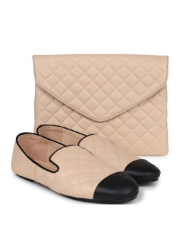 Chanel Beige and Black Flats with Clutch